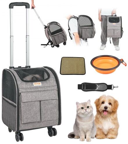 VEVOR Cat Carrier with Wheels, Rolling Pet Carrier with Telescopic Handle and Shoulder Strap, Dog Carrier with Wheels for Pets under 18 lbs, with 1 Folding Bowl, Grey