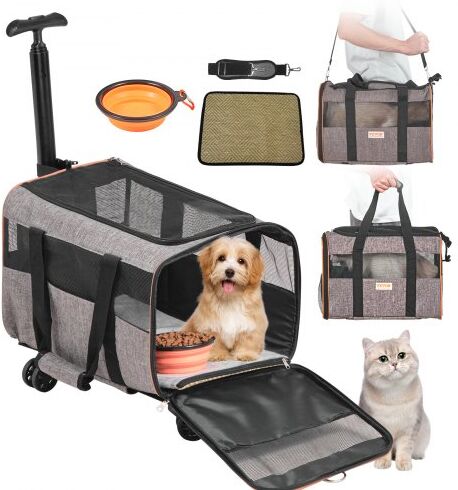 VEVOR Cat Carrier with Wheels, Airline Approved Rolling Pet Carrier with Telescopic Handle and Shoulder Strap, Dog Carrier with Wheels for Pets under 22 lbs, with 1 Folding Bowl, Grey