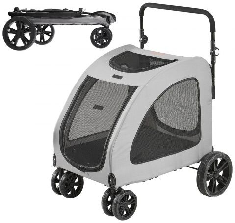 VEVOR Pet Stroller, 4 Wheels Dog Stroller Rotate with Brakes, 160lbs Weight Capacity, Puppy Stroller with Breathable Mesh Windows and Height-Adjustable Height, for Medium and Large Dogs, Dark Grey