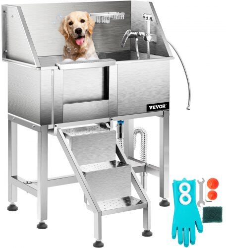 VEVOR Dog Grooming Tub, 38" Left Pet Wash Station, Professional Stainless Steel Pet Grooming Tub Rated 180LBS Load Capacity, Non-skid Dog Washing Station Comes with Ramp, Faucet, Sprayer and Drain Kit