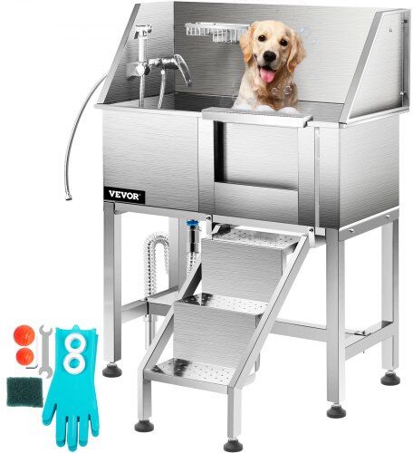 VEVOR Dog Grooming Tub, 38" Pet Wash Station, Professional Stainless Steel Pet Grooming Tub Rated 180LBS Load Capacity, Non-Skid Dog Washing Station Comes with Ramp, Faucet, Sprayer and Drain Kit