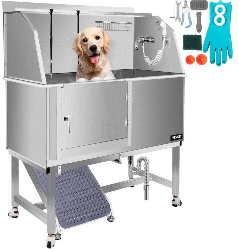 VEVOR Dog Grooming Tub, 50" L Pet Wash Station, Professional Stainless Steel Pet Grooming Tub Rated 330LBS Load Capacity, Non-Skid Dog Washing Station Comes with Ramp, Faucet, Sprayer and Drain Kit