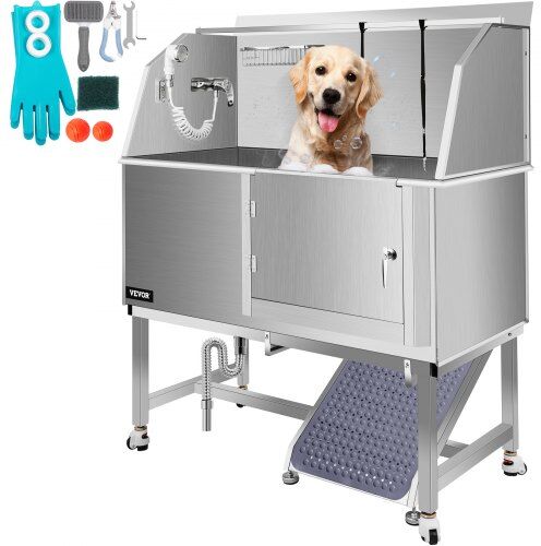 VEVOR Dog Grooming Tub, 50" R Pet Wash Station, Professional Stainless Steel Pet Grooming Tub Rated 330LBS Load Capacity, Non-Skid Dog Washing Station Comes with Ramp, Faucet, Sprayer and Drain Kit