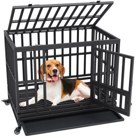 VEVOR 38 Inch Heavy Duty Dog Crate, Indestructible Dog Crate, 3-Door Heavy Duty Dog Kennel for Medium to Large Dogs with Lockable Wheels and Removable Tray, High Anxiety Dog Crate for Indoor & Outdoor