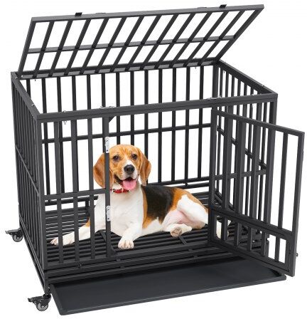 VEVOR 47 Inch Heavy Duty Dog Crate, Indestructible Dog Crate, 3-Door Heavy Duty Dog Kennel for Medium to Large Dogs with Lockable Wheels and Removable Tray, High Anxiety Dog Crate for Indoor & Outdoor