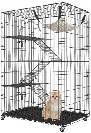 VEVOR Catio, 4-Tier Large Cat Cages Indoor, Detachable Metal Playpen Enclosure with 360° Rotating Casters, with 3 Ladders and a Hammock for 1-3 Cats, 35.4x23.6x51 inch