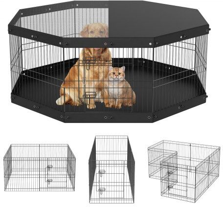 VEVOR Dog Playpen, 8 Panels Foldable Metal Dog Exercise Pen with Top Cover and Bottom Pad, 24" H Pet Fence Puppy Crate Kennel, Indoor Outdoor Dog Pen for Small Medium Pets, for Camping, Yard