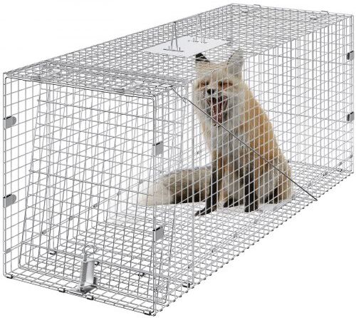 VEVOR Live Animal Cage Trap, 42" x 16" x 18" Humane Cat Trap Galvanized Iron, Folding Animal Trap with Handle for Stray Dogs, Armadillos, Raccoons, Marmots, Foxes