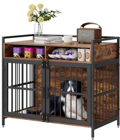 VEVOR Furniture Style Dog Crate with Storage, 41 inch Dog Crate Furniture Large Breed with Double Doors, Wooden Dog Cage for Large/Medium Dog Indoor, Hold up to 70 lbs, Rustic Brown