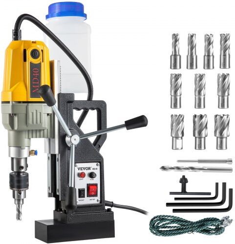 VEVOR Magnetic Drill, 1100W 1.57" Boring Diameter, 2697lbf/12000N Portable Electric Mag Drill Press with 12 Drilling Bits, 580 RPM Max Speed Drilling Machine for any Surface and Home Improvement