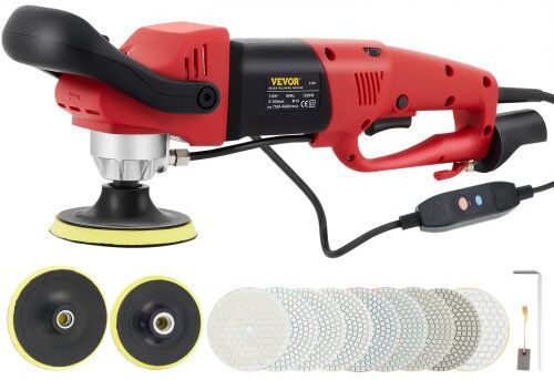 VEVOR Wet Polisher Grinder, Variable Speed 8 pcs Polishing Kit, with 4" & 5" Diamond Pads, Buffing Machine w 59" Pipe Adapter & Splash Shield, Concrete Stone Tool for Granite/Marble Countertop CE