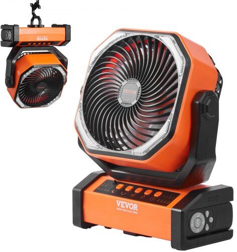 VEVOR Portable Fan Rechargeable 9 inch, Battery Powered Fan with LED Lantern, 4 Speeds Adjustable & 45°/90°Automatic Swivel & Timer , USB Battery Operated Fans for Travel Bedroom Home Camping Office