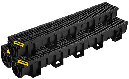 VEVOR Trench Drain System,5.8x5.2x39.4-Inch HDPE Drainage Trench,Channel Drain with Plastic Grate,Black Plastic Garage Floor Drain,3x39 Trench Drain Grate,with 3 End Caps, for Garden, Driveway-3 Pack