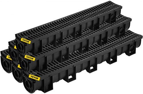 VEVOR Trench Drain System, Channel Drain with Plastic Grate, 5.9x5.1-Inch HDPE Drainage Trench, Black Plastic Garage Floor Drain, 6x39 Trench Drain Grate, with 6 End Caps, for Garden, Driveway-6 Pack