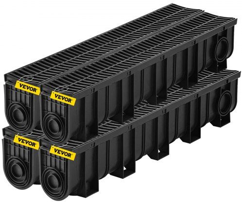 VEVOR Trench Drain System, Channel Drain with Plastic Grate, 5.9x7.5-Inch HDPE Drainage Trench, Black Plastic Garage Floor Drain, 4x39 Trench Drain Grate, with 4 End Caps, for Garden, Driveway-4 Pack