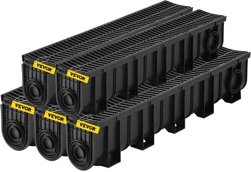 VEVOR Trench Drain System, Channel Drain with Plastic Grate, 5.9x7.5-Inch HDPE Drainage Trench, Black Plastic Garage Floor Drain, 5x39 Trench Drain Grate, with 5 End Caps, for Garden, Driveway-5 Pack