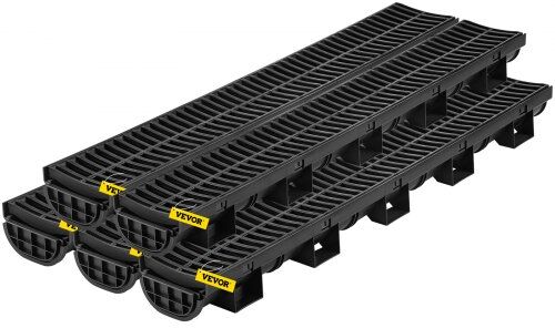 VEVOR Trench Drain System, Channel Drain with Plastic Grate, 5.7x3.1-Inch HDPE Drainage Trench, Black Plastic Garage Floor Drain, 5x39 Trench Drain Grate, with 5 End Caps, for Garden, Driveway-5 Pack