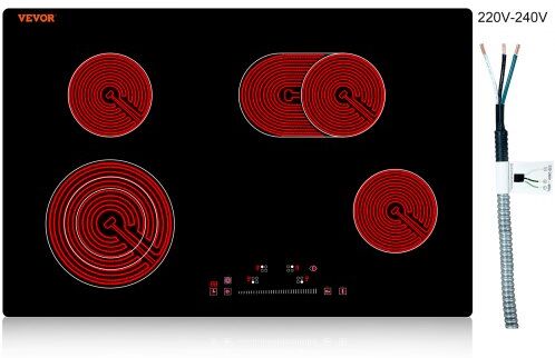 VEVOR Built in Electric Stove Top, 30.3 x 20.5 inch 4 Burners, 240V Glass Radiant Cooktop with Sensor Touch Control, Timer & Child Lock Included, 9 Power Levels for Simmer Steam Slow Cook Fry