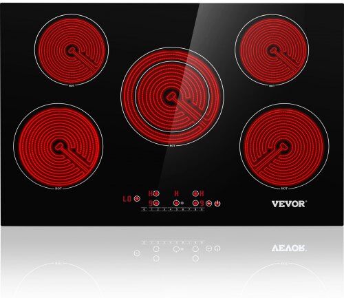 VEVOR Built in Electric Stove Top, 30.3 x 20.5 inch 5 Burners, 240V Ceramic Glass Radiant Cooktop with Sensor Touch Control, Timer & Child Lock Included, 9 Power Levels for Simmer Steam Slow Cook Fry