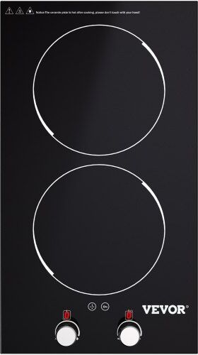 VEVOR Built-in Induction Cooktop, 12 inch 2 Burners, 220V Ceramic Glass Electric Stove Top with Knob Control, Timer & Child Lock Included, 9 Power Levels with Boost Function for Simmer Steam Fry