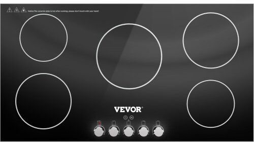 VEVOR Built-in Induction Cooktop, 35 inch 5 Burners, 220V Ceramic Glass Electric Stove Top with Knob Control, Timer & Child Lock Included, 9 Power Levels with Boost Function for Simmer Steam Fry