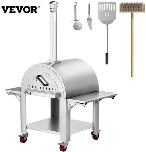 VEVOR 32" Wood Fired Artisan Pizza Oven, 3-Layer Stainless Steel Pizza Maker with Wheels for Outside Kitchen, Includes Pizza Stone, Pizza Peel, and Brush, Professional Series,Outdoor or Indoor.