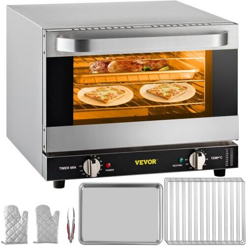 VEVOR Commercial Convection Oven, 21L/19Qt, Quarter-Size Conventional Oven Countertop, 1440W 3-Tier Toaster w/ Front Glass Door, Electric Baking Oven w/ Trays Wire Racks Clip Gloves, 120V, ETL Listed