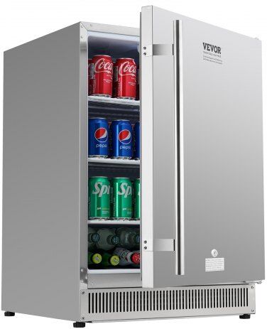 VEVOR 24 inch Indoor/Outdoor Beverage Refrigerator, 185QT Undercounter or Freestanding Beverage Fridge, 175 Cans Built-in Beer Fridge with Stainless Steel Body for Residential Home Bar Commercial Use