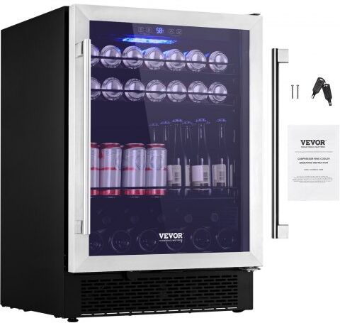 VEVOR 24" Beverage Refrigerator, 154 Cans Under Counter Built-in or Freestanding Beer Cooler Fridge, Blue LED Light, Child Lock, Adjustable Shelves, ETL