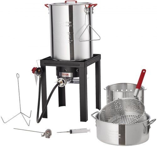 VEVOR Turkey Deep Fryer, 30-qt Turkey & 10-qt Fish Steamer Cooker Set, Outdoor Aluminum Seafood Frying Pot, 54,000 BTU Burner Propane Gas Boiler, Includes Baskets, Perforated Poultry Rack, Thermometer