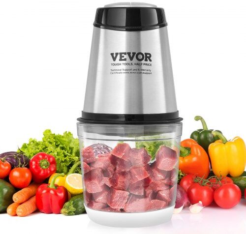 VEVOR Food Processor, Electric Meat Grinder with 4-Wing Stainless Steel Blades, 2.5 Cup Glass Bowl, 400W Electric Food Chopper, 2 Speeds Food Grinder for Baby Food, Meat, Onion, Vegetables