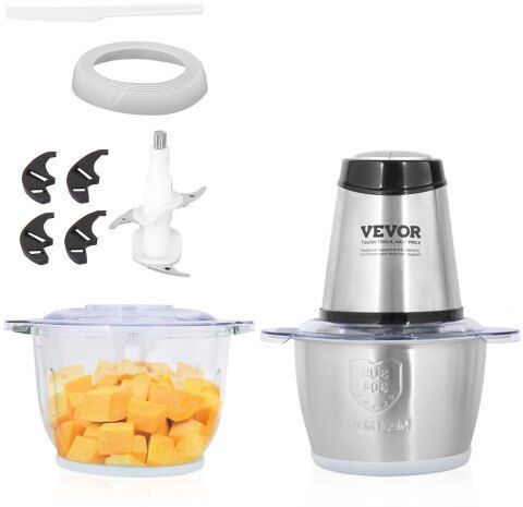 VEVOR Food Processor, Electric Meat Grinder with 4-Wing Stainless Steel Blades, 8 Cup+5 Cup Two Bowls, 400W Electric Food Chopper, 2 Speeds Food Grinder for Baby Food, Meat, Onion, Vegetables