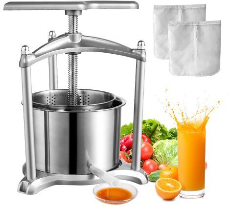 VEVOR Fruit Wine Press, 1.6 Gallon/6L, 2 Stainless Steel Barrels, Manual Juice Maker, Cider Apple Grape Tincture Vegetables Honey Olive Oil Making Press with T-Handle, Triangular Structure for Kitchen