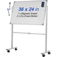 VEVOR Mobile Magnetic Whiteboard, 36 x 24 Inch, Double Sided, 360 Degree Reversible Rolling Dry Erase Board, Height Adjustable with Aluminum Frame and Lockable Swivel Wheels, for Office School Home