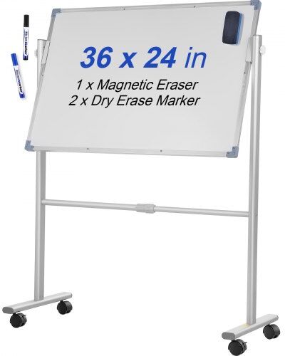 VEVOR Mobile Magnetic Whiteboard, 36 x 24 Inch, Double Sided, 360 Degree Reversible Rolling Dry Erase Board, Height Adjustable with Aluminum Frame and Lockable Swivel Wheels, for Office School Home