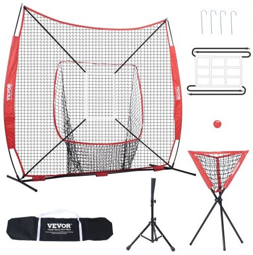 VEVOR 7x7 ft Baseball Softball Practice Net, Portable Baseball Training Net for Hitting Catching Pitching, Backstop Baseball Equipment with Bow Frame, Carry Bag, Strike Zone, Ball, Tee, Ball Collector