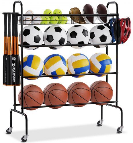 VEVOR Basketball Rack, 4-Layers Rolling Basketball Shooting Training Stand, Sports Equipment Storage Organizer with Wheels, Hooks and Baskets, Garage Ball Storage Holder for Football Soccer Volleyball