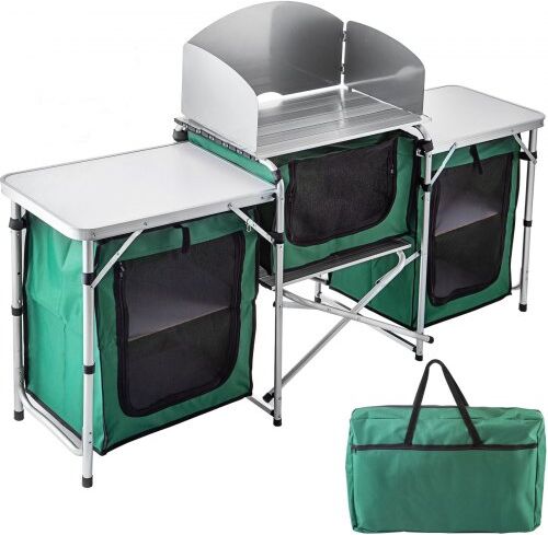 VEVOR Outdoor Camping Kitchen 3 Zippered Bags, Camping Cook Table Steel Windscreen, Camping Kitchen Table 2 Side Tables, Portable Camp Cook Table for Outdoor Activities Green