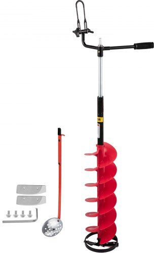 VEVOR Ice Drill Auger, 8'' Diameter Nylon Ice Auger, 41'' Length Ice Auger Bit, Auger Drill w/ 14'' Adjustable Extension Rod, Rubber Handle, Drill Adapter, Replaceable Auger Blade for Ice Fishing Red