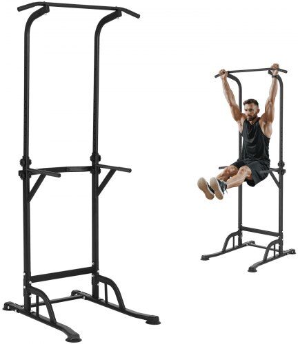 VEVOR Power Tower Dip Station, 10-Level Height Adjustable Pull Up Bar Stand, Multi-Function Strength Training Workout Equipment with 4 Suction Foot Covers, Home Gym Fitness Dip Bar Station, 330LBS