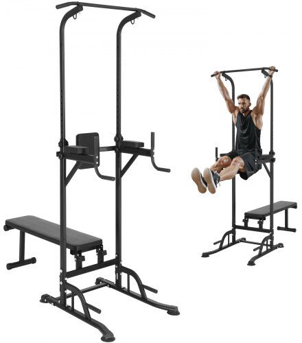 VEVOR Power Tower with Bench, 10-Level Height Adjustable Pull Up Bar Stand Dip Station & Detachable Bench, Multi-Function Home Gym Strength Training Fitness Equipment with Backrest, Elbow Pads, 440LBS