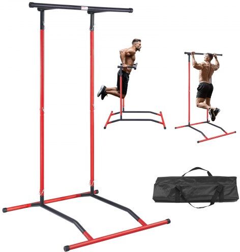 VEVOR Power Tower Dip Station, 2-Level Height Adjustable Pull Up Bar Stand, Multi-Function Strength Training Workout Equipment, Home Gym Fitness Dip Bar Station, 220LBS Weight Capacity, Black & Red