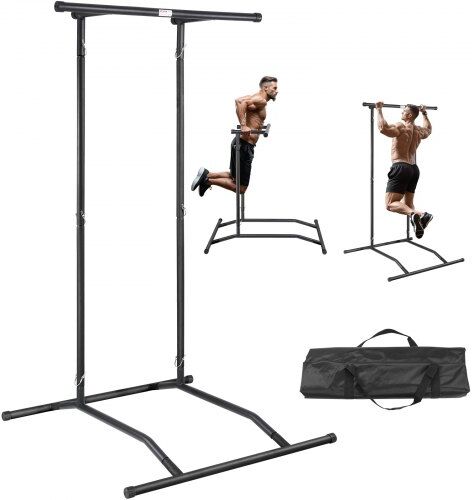 VEVOR Power Tower Dip Station, 2-Level Height Adjustable Pull Up Bar Stand, Multi-Function Strength Training Workout Equipment, Home Gym Fitness Dip Bar Station, 220LBS Weight Capacity, Black