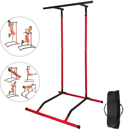 VEVOR Dip Pull Up Station Adjustable Power Tower Dip Station Multi Function Pull Up Dip Bar Tower Portable Dip Stand Power Tower Pull Up Bar for Home Gym Strength Training Dip Stands,Red & Black