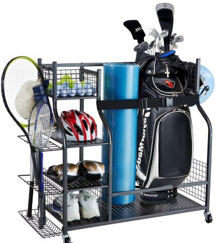 VEVOR Golf Storage Garage Organizer, 2 Golf Bag Stand Holder and Other Sports Equipment Storage Rack, Rolling Ball Cart on Wheels, Outdoor Sport Gear and Toy Storage with Baskets & Hooks, Steel, Black