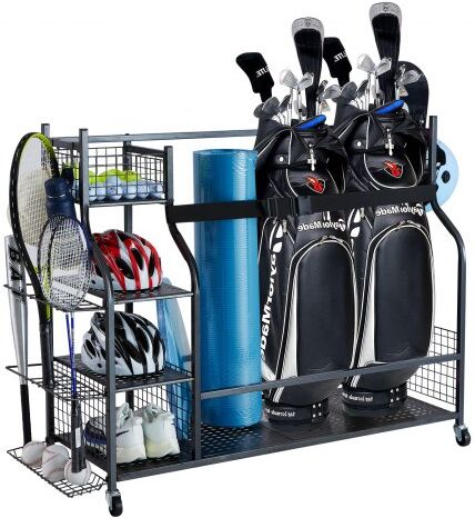 VEVOR Golf Storage Garage Organizer, 3 Golf Bag Stand Holder and Other Sports Equipment Storage Rack, Rolling Ball Cart on Wheels, Outdoor Sport Gear and Toy Storage with Baskets & Hooks, Steel, Black