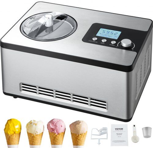 VEVOR Automatic Ice Cream Maker with Built-in Compressor, 2 Quart No Pre-freezing Fruit Yogurt Machine, Stainless Steel Electric Sorbet Maker, 3 Modes Gelato Maker with LCD Display & Timer, Silver