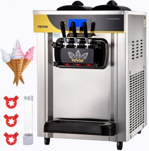 VEVOR Commercial Ice Cream Maker, 22-30L/H Yield, 2200W Countertop Soft Serve Machine w/ 2x6L Hopper 2L Cylinder LCD Panel Puffing Shortage Alarm, Frozen Yogurt Maker for Restaurant Snack Bar, Silver