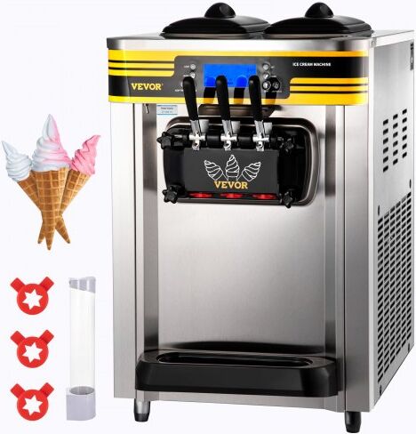 VEVOR Commercial Ice Cream Maker, 22-30L/H Yield, 2350W Countertop Soft Serve Machine w/ 2x6L Hopper 2L Cylinder LCD Panel Puffing Shortage Alarm, Frozen Yogurt Maker for Restaurant Snack Bar, Silver