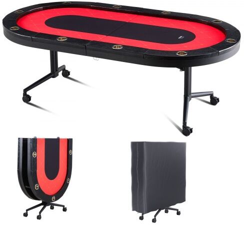 VEVOR 10 Player Foldable Poker Table, Blackjack Texas Holdem Poker Table with Padded Rails and Stainless Steel Cup Holders, Portable Folding Card Board Game Table, 90" Oval Casino Leisure Table,Red